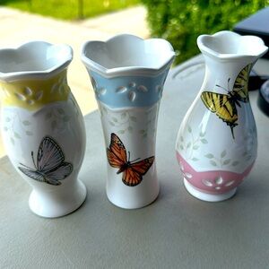 Set Of 3 Vintage Lenox Butterfly Meadow Miniature Vase Pink Yellow 5" Porcelain